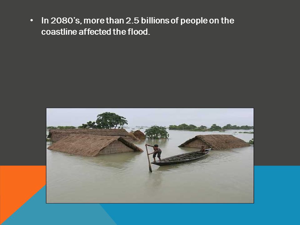 In 2080’s, more than 2.5 billions of people on the coastline affected the flood.