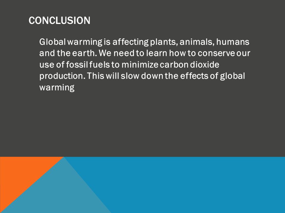 CONCLUSION Global warming is affecting plants, animals, humans and the earth.