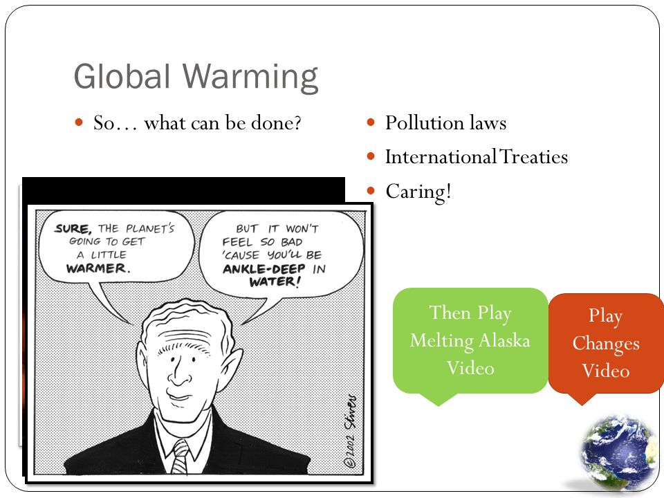 Global Warming So… what can be done. Pollution laws International Treaties Caring.