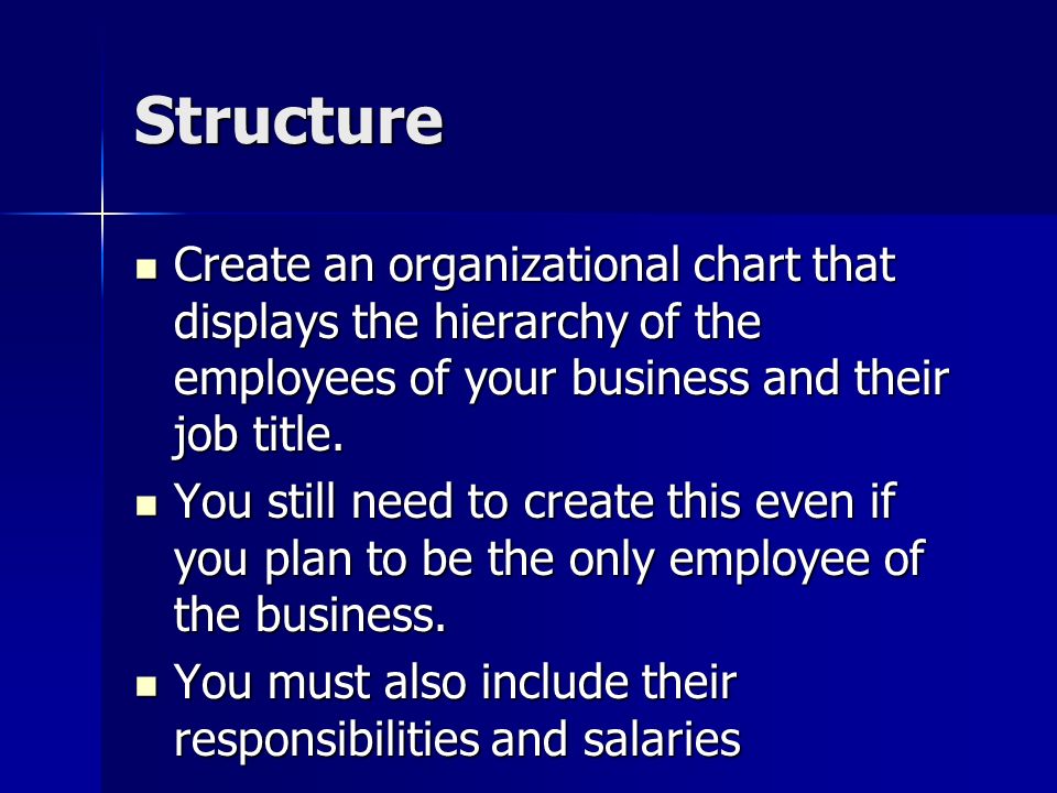 Structure Create an organizational chart that displays the hierarchy of the employees of your business and their job title.