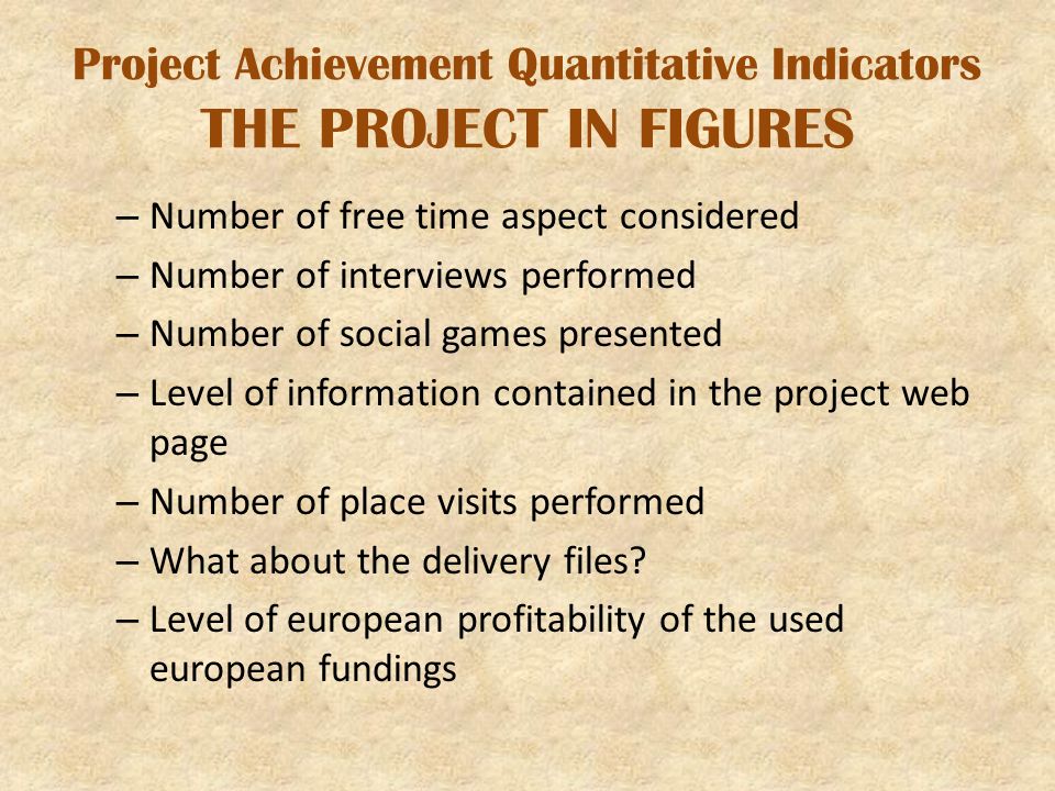Project Achievement Quantitative Indicators THE PROJECT IN FIGURES – Number of free time aspect considered – Number of interviews performed – Number of social games presented – Level of information contained in the project web page – Number of place visits performed – What about the delivery files.