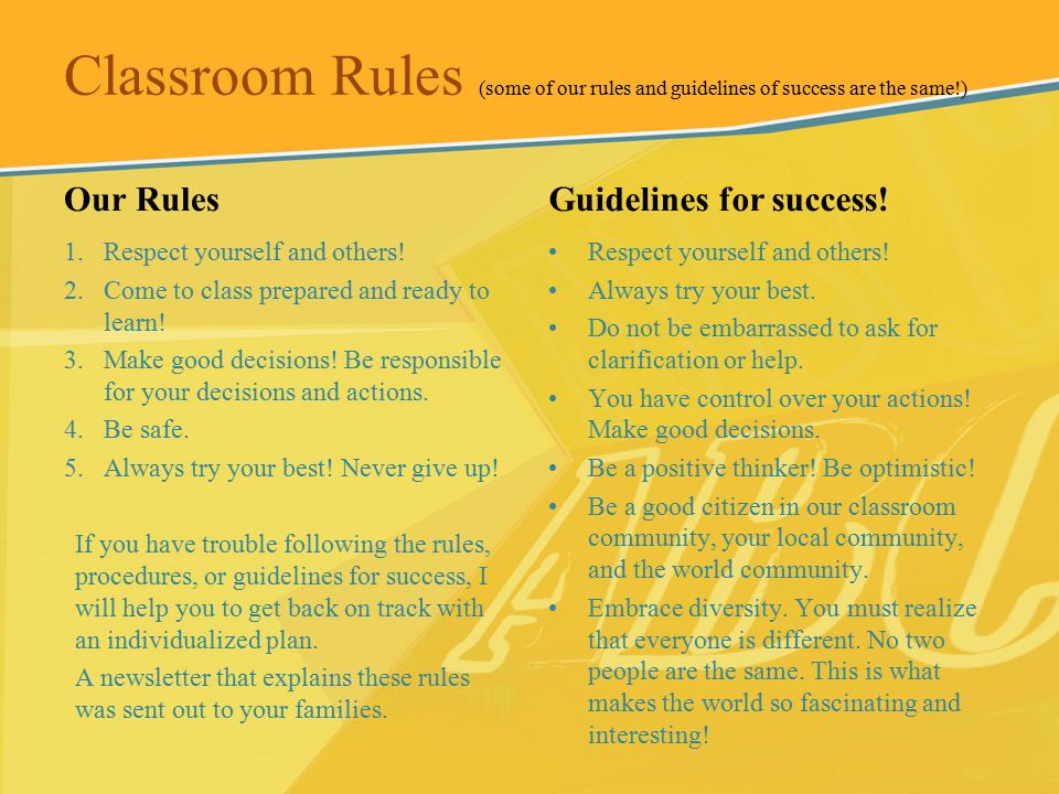 Classroom Rules (some of our rules and guidelines of success are the same!) Our Rules 1.Respect yourself and others.