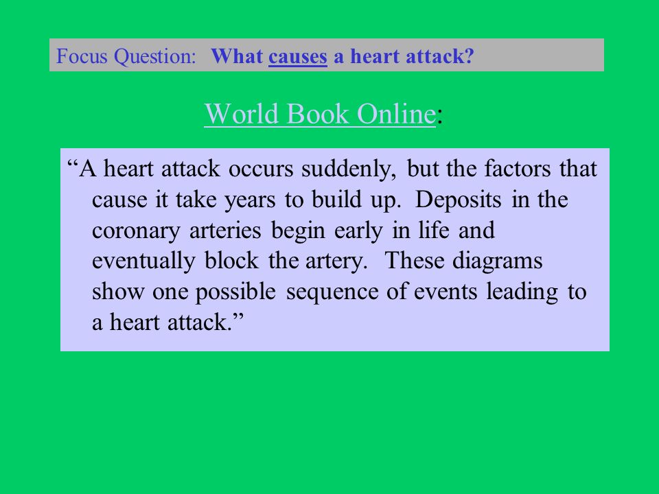 World Book OnlineWorld Book Online: A heart attack occurs suddenly, but the factors that cause it take years to build up.