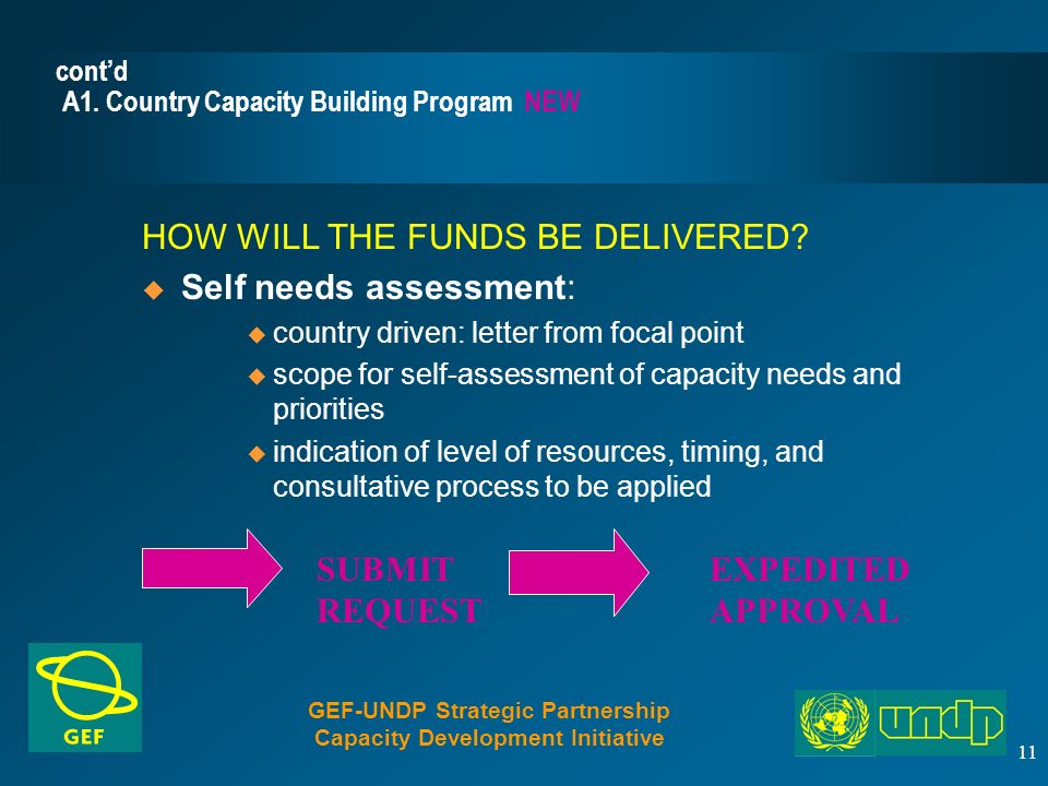 11 cont’d A1. Country Capacity Building Program NEW HOW WILL THE FUNDS BE DELIVERED.