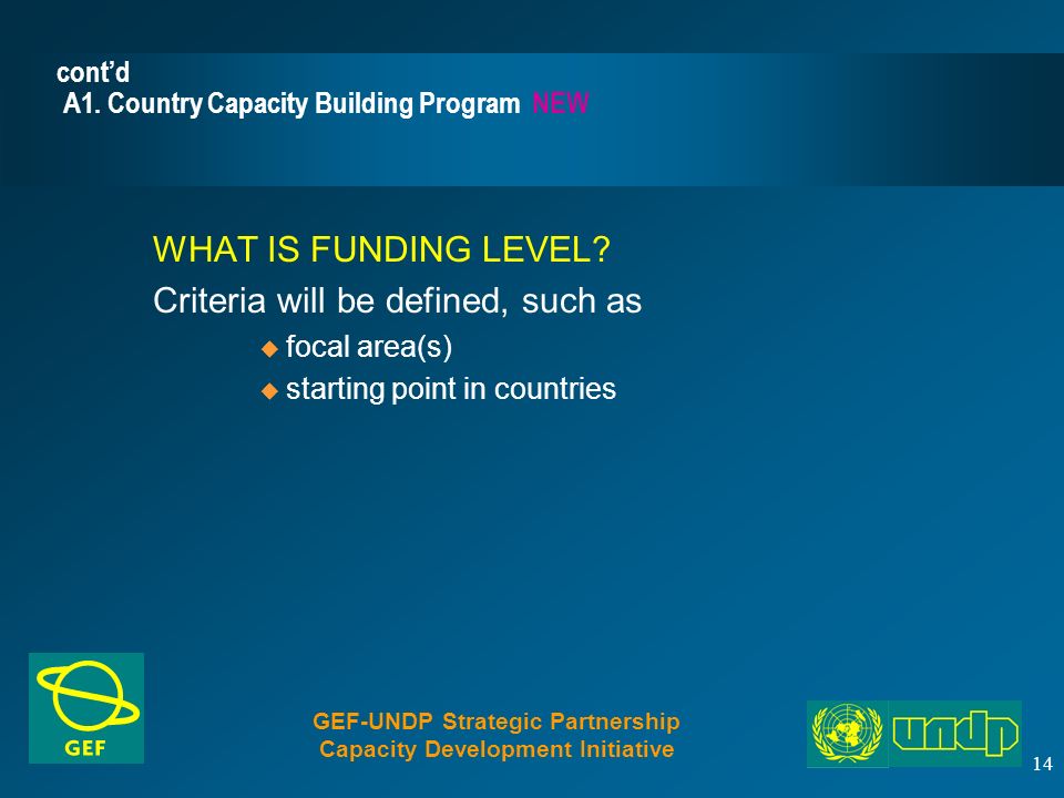 14 cont’d A1. Country Capacity Building Program NEW WHAT IS FUNDING LEVEL.