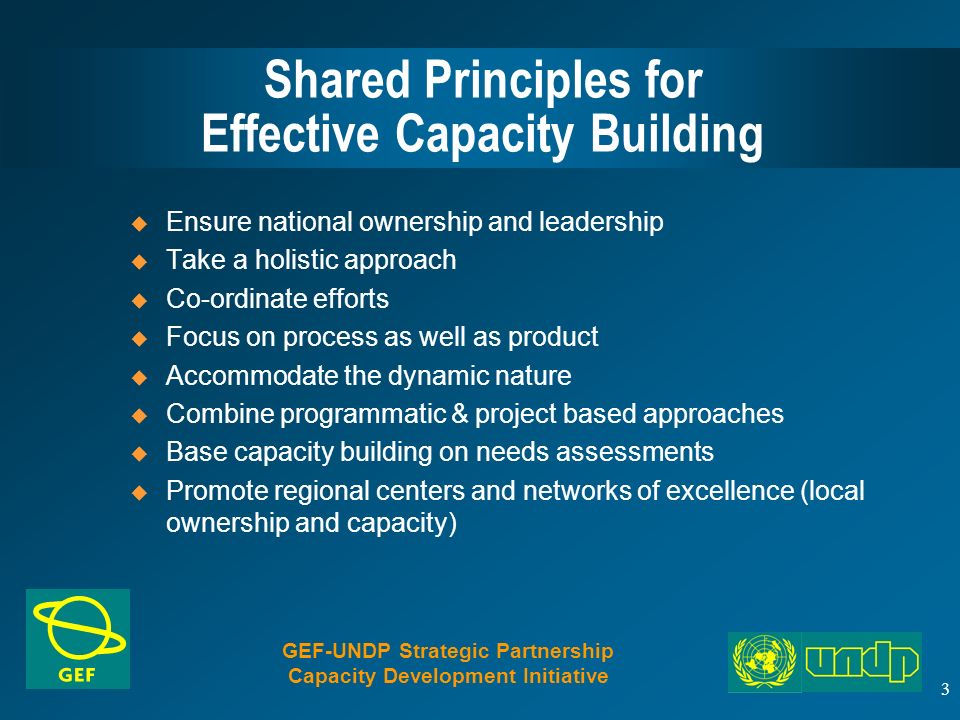 3 Shared Principles for Effective Capacity Building  Ensure national ownership and leadership  Take a holistic approach  Co-ordinate efforts  Focus on process as well as product  Accommodate the dynamic nature  Combine programmatic & project based approaches  Base capacity building on needs assessments  Promote regional centers and networks of excellence (local ownership and capacity) GEF-UNDP Strategic Partnership Capacity Development Initiative