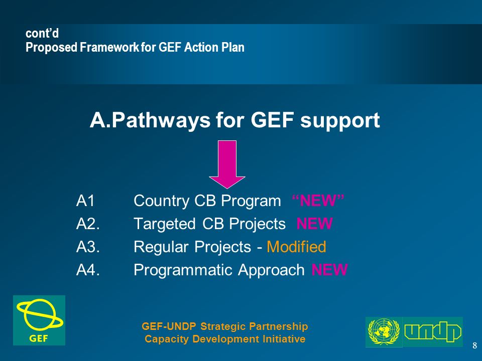 8 cont’d Proposed Framework for GEF Action Plan A.Pathways for GEF support A1Country CB Program NEW A2.Targeted CB Projects NEW A3.