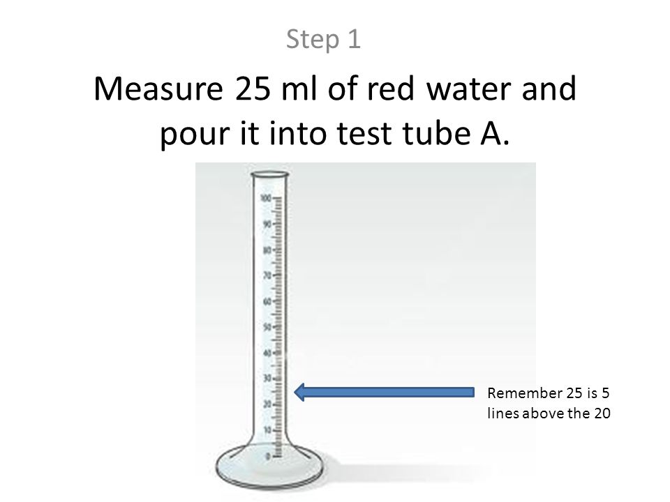 Measure 25 ml of red water and pour it into test tube A. Step 1 Remember 25 is 5 lines above the 20