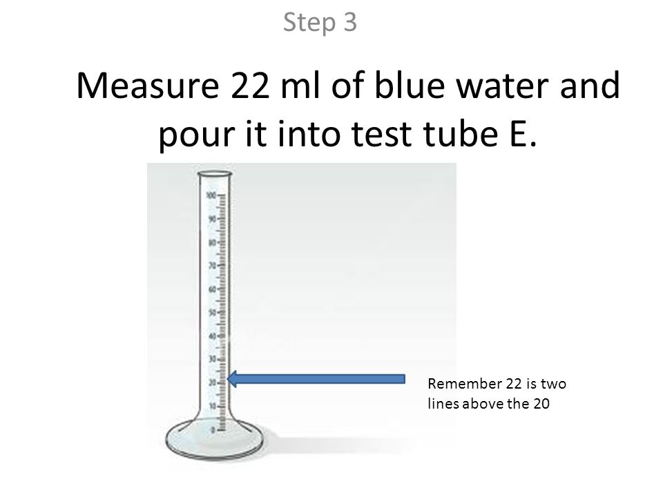 Measure 22 ml of blue water and pour it into test tube E.
