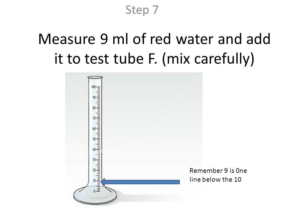 Measure 9 ml of red water and add it to test tube F.
