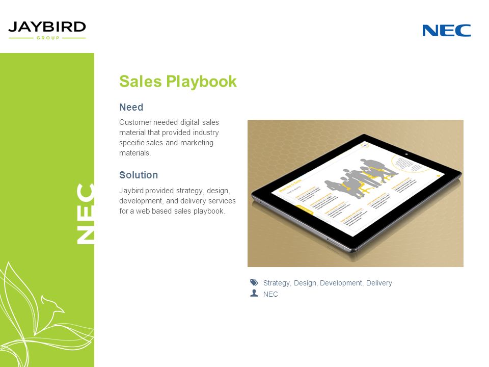 Sales Playbook Need Customer needed digital sales material that provided industry specific sales and marketing materials.