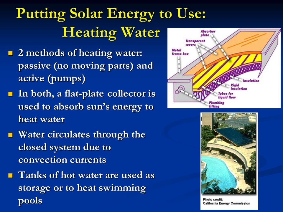 Putting Solar Energy to Use: Heating Water 2 methods of heating water: passive (no moving parts) and active (pumps) 2 methods of heating water: passive (no moving parts) and active (pumps) In both, a flat-plate collector is used to absorb sun’s energy to heat water In both, a flat-plate collector is used to absorb sun’s energy to heat water Water circulates through the closed system due to convection currents Water circulates through the closed system due to convection currents Tanks of hot water are used as storage or to heat swimming pools Tanks of hot water are used as storage or to heat swimming pools