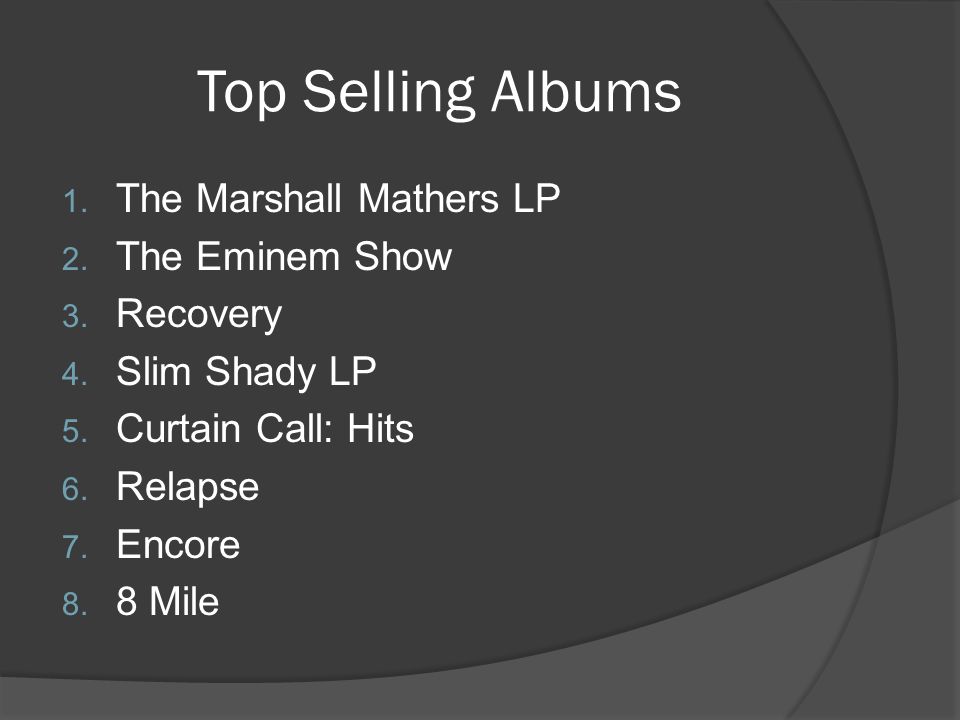 Top Selling Albums 1. The Marshall Mathers LP 2. The Eminem Show 3.