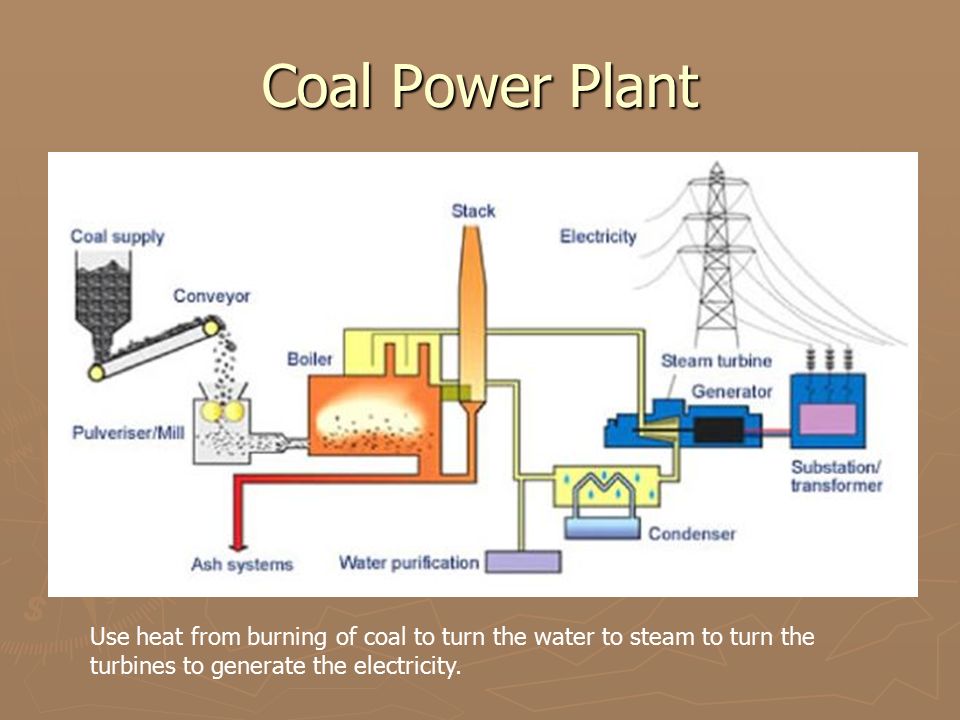 Coal Power Plant Use heat from burning of coal to turn the water to steam to turn the turbines to generate the electricity.
