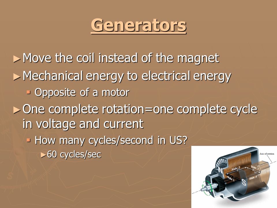 Generators ► Move the coil instead of the magnet ► Mechanical energy to electrical energy  Opposite of a motor ► One complete rotation=one complete cycle in voltage and current  How many cycles/second in US.