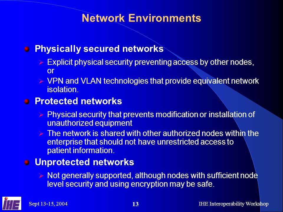 Sept 13-15, 2004IHE Interoperability Workshop 13 Network Environments Physically secured networks  Explicit physical security preventing access by other nodes, or  VPN and VLAN technologies that provide equivalent network isolation.