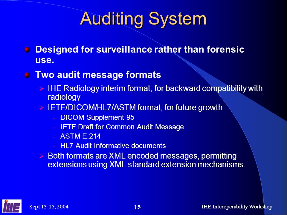 Sept 13-15, 2004IHE Interoperability Workshop 15 Auditing System Designed for surveillance rather than forensic use.