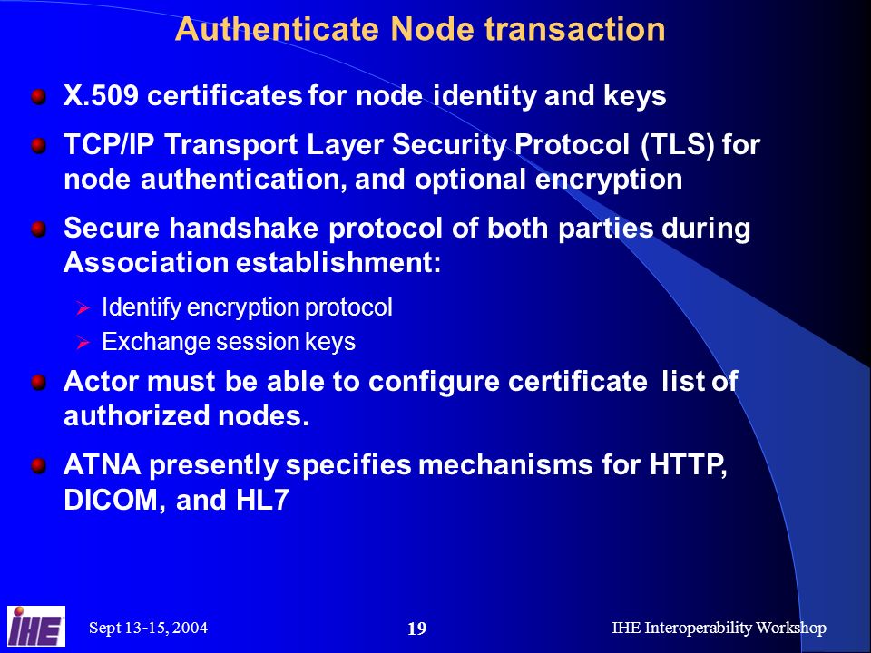 Sept 13-15, 2004IHE Interoperability Workshop 19 Authenticate Node transaction X.509 certificates for node identity and keys TCP/IP Transport Layer Security Protocol (TLS) for node authentication, and optional encryption Secure handshake protocol of both parties during Association establishment:  Identify encryption protocol  Exchange session keys Actor must be able to configure certificate list of authorized nodes.