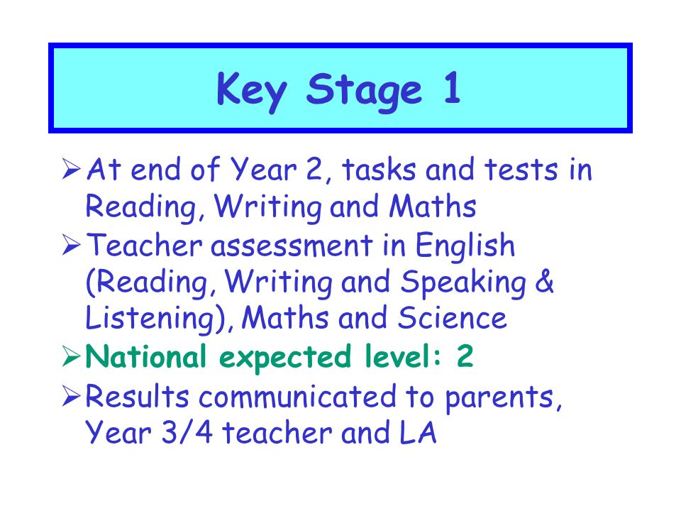  At end of Year 1, Phonics Screening Check using 40 real and made-up words  Used also with Year 2 children who did not meet the expected standard in Year 1  Results communicated to parents and LA Key Stage 1