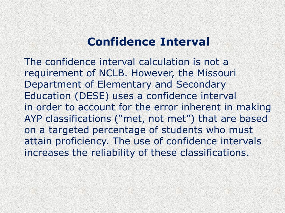 Confidence Interval The confidence interval calculation is not a requirement of NCLB.
