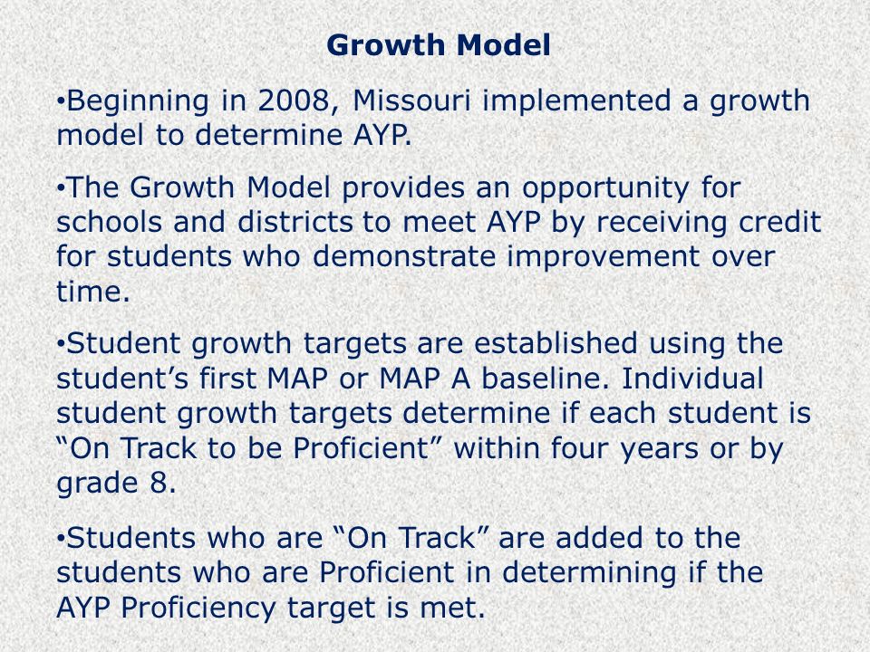 Growth Model Beginning in 2008, Missouri implemented a growth model to determine AYP.