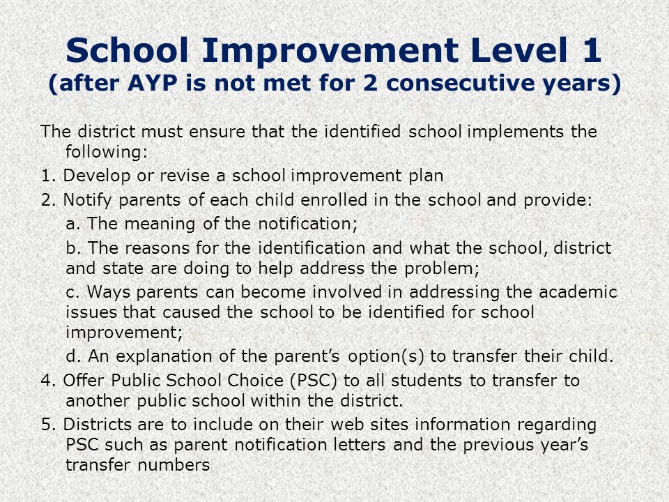 School Improvement Level 1 (after AYP is not met for 2 consecutive years) The district must ensure that the identified school implements the following: 1.