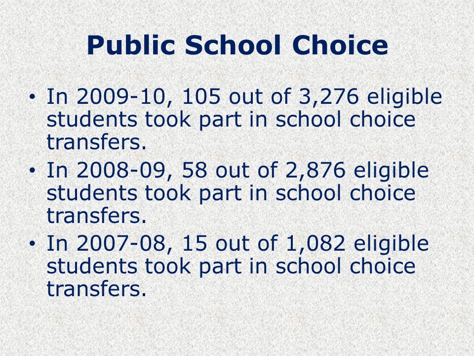 Public School Choice In , 105 out of 3,276 eligible students took part in school choice transfers.