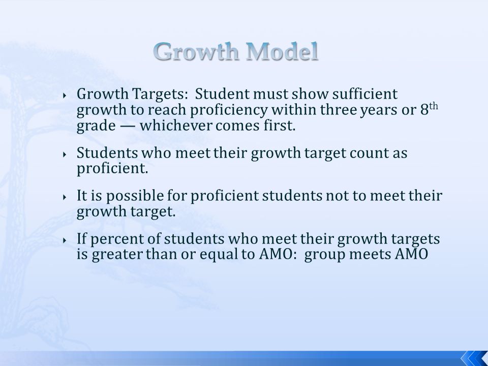  Growth Targets: Student must show sufficient growth to reach proficiency within three years or 8 th grade — whichever comes first.