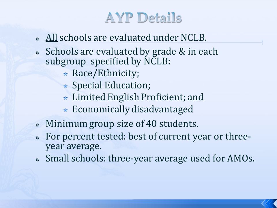  All schools are evaluated under NCLB.