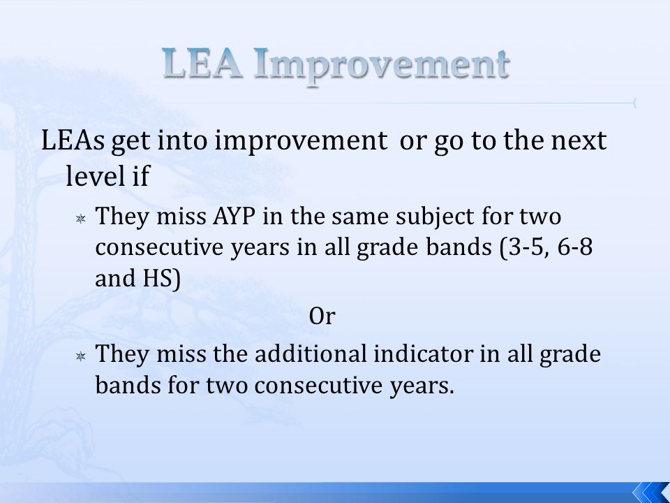 LEAs get into improvement or go to the next level if  They miss AYP in the same subject for two consecutive years in all grade bands (3-5, 6-8 and HS) Or  They miss the additional indicator in all grade bands for two consecutive years.