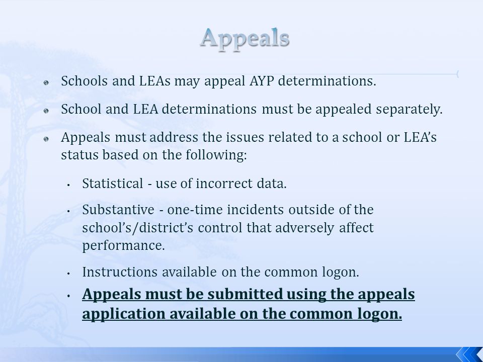  Schools and LEAs may appeal AYP determinations.