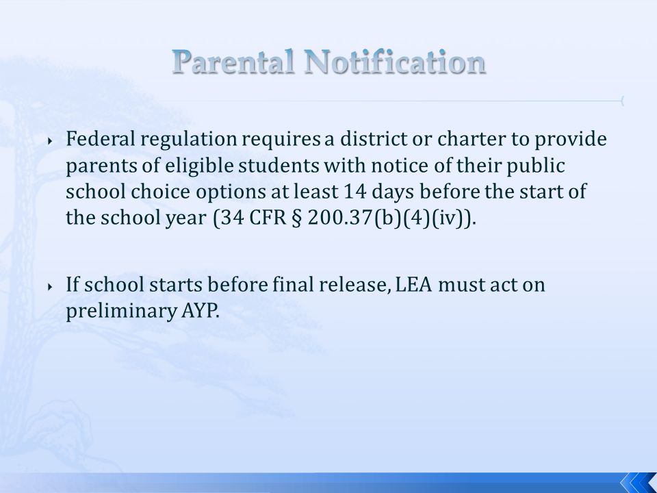  Federal regulation requires a district or charter to provide parents of eligible students with notice of their public school choice options at least 14 days before the start of the school year (34 CFR § (b)(4)(iv)).