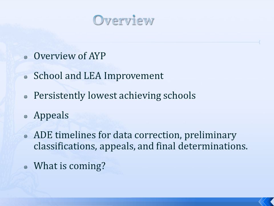 Overview of AYP  School and LEA Improvement  Persistently lowest achieving schools  Appeals  ADE timelines for data correction, preliminary classifications, appeals, and final determinations.