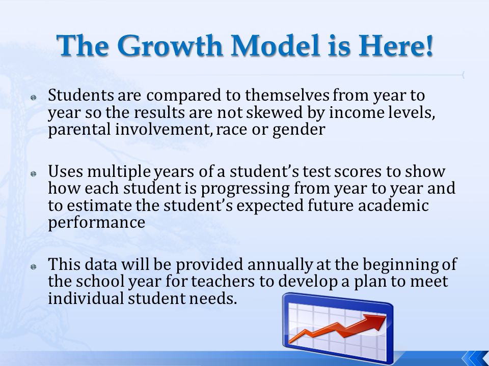  Students are compared to themselves from year to year so the results are not skewed by income levels, parental involvement, race or gender  Uses multiple years of a student’s test scores to show how each student is progressing from year to year and to estimate the student’s expected future academic performance  This data will be provided annually at the beginning of the school year for teachers to develop a plan to meet individual student needs.