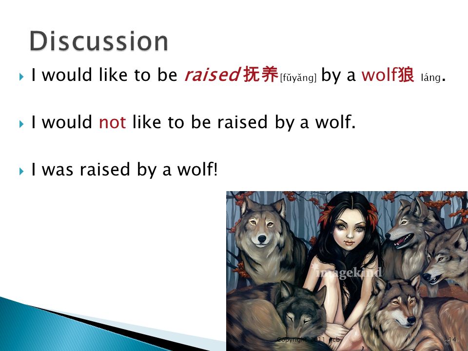  I would like to be raised 抚养 [fǔyǎng] by a wolf 狼 láng.
