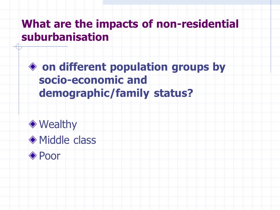 What are the impacts of non-residential suburbanisation on different population groups by socio-economic and demographic/family status.