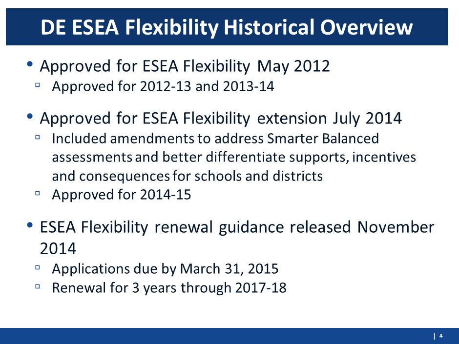 | Approved for ESEA Flexibility May 2012 ▫ Approved for and Approved for ESEA Flexibility extension July 2014 ▫ Included amendments to address Smarter Balanced assessments and better differentiate supports, incentives and consequences for schools and districts ▫ Approved for ESEA Flexibility renewal guidance released November 2014 ▫ Applications due by March 31, 2015 ▫ Renewal for 3 years through DE ESEA Flexibility Historical Overview 4