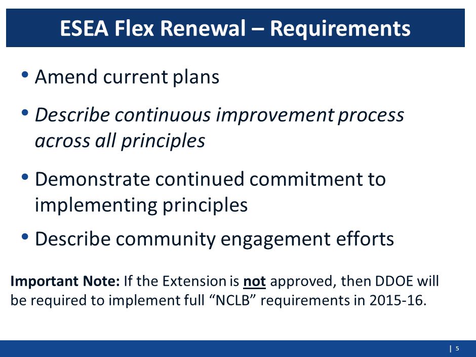 | Amend current plans Describe continuous improvement process across all principles Demonstrate continued commitment to implementing principles Describe community engagement efforts Important Note: If the Extension is not approved, then DDOE will be required to implement full NCLB requirements in
