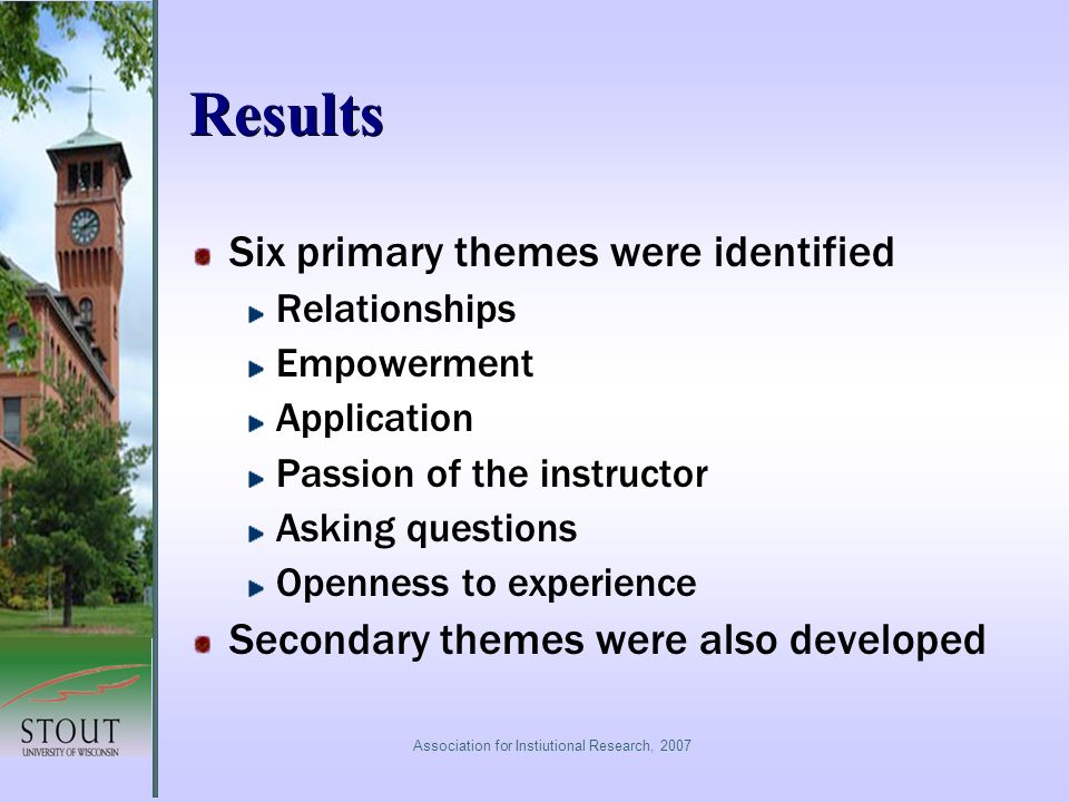 Results Six primary themes were identified Relationships Empowerment Application Passion of the instructor Asking questions Openness to experience Secondary themes were also developed Association for Instiutional Research, 2007