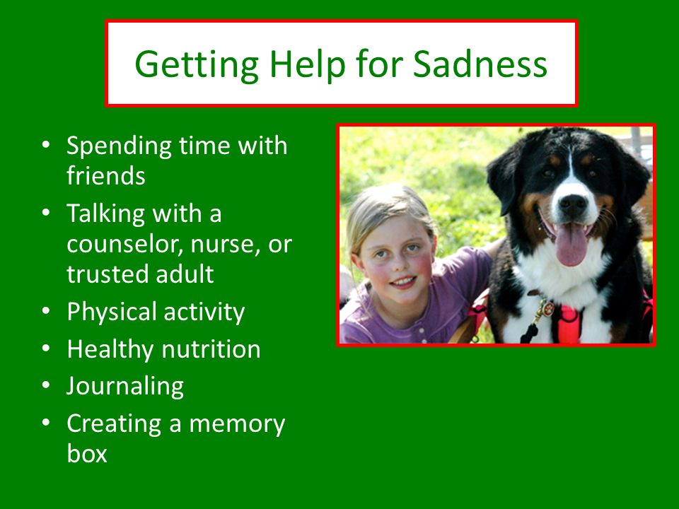 Getting Help for Sadness Spending time with friends Talking with a counselor, nurse, or trusted adult Physical activity Healthy nutrition Journaling Creating a memory box