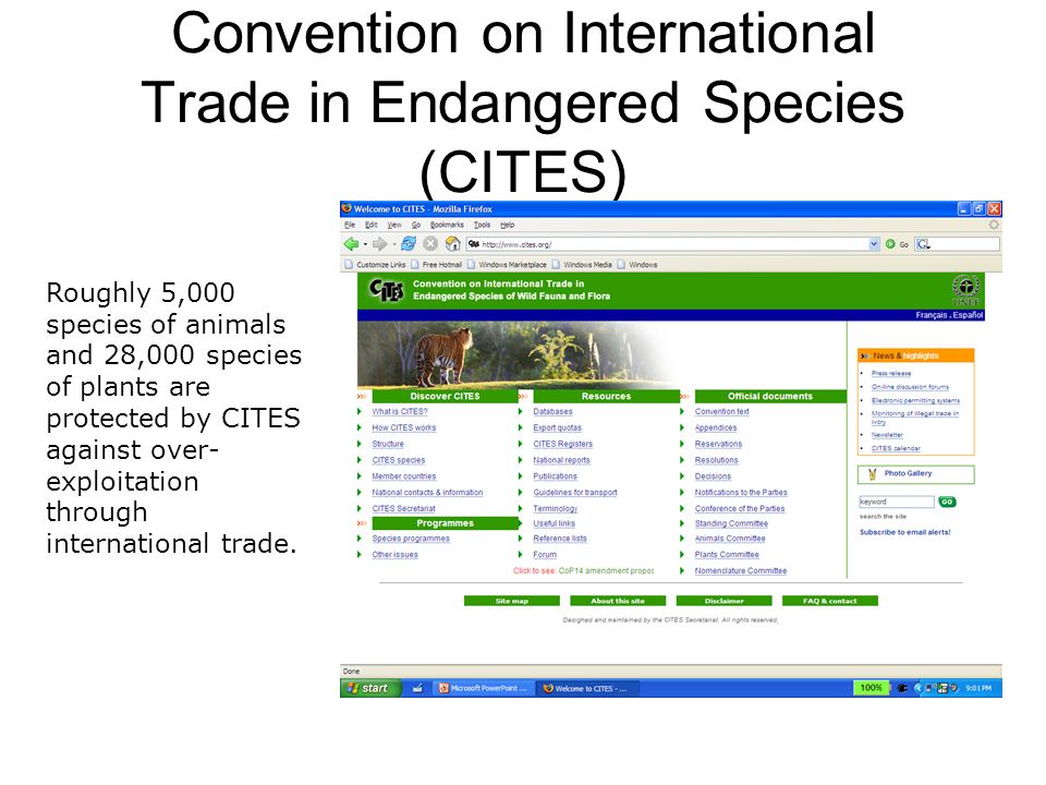 Convention on International Trade in Endangered Species (CITES) 1973 Roughly 5,000 species of animals and 28,000 species of plants are protected by CITES against over- exploitation through international trade.