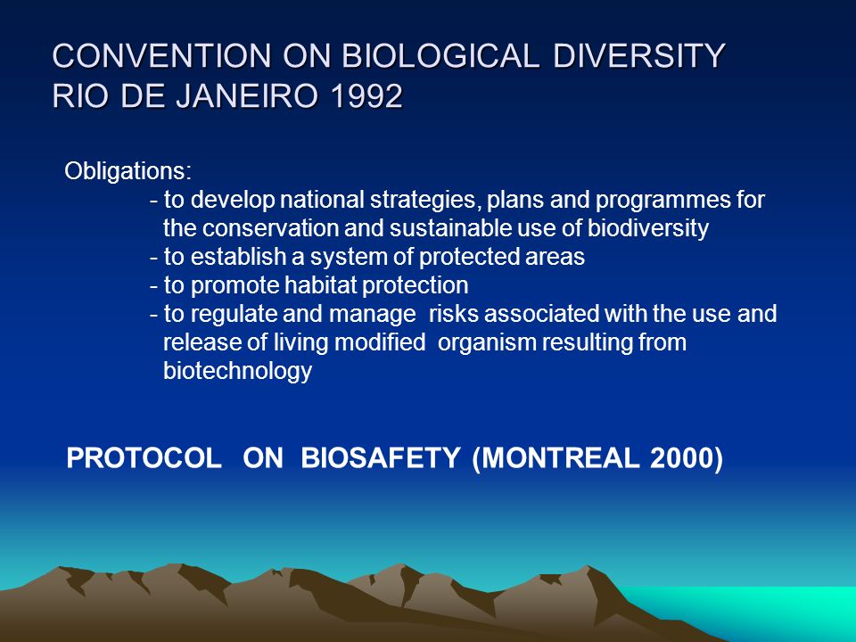 CONVENTION ON BIOLOGICAL DIVERSITY RIO DE JANEIRO 1992 Obligations: - to develop national strategies, plans and programmes for the conservation and sustainable use of biodiversity - to establish a system of protected areas - to promote habitat protection - to regulate and manage risks associated with the use and release of living modified organism resulting from biotechnology PROTOCOL ON BIOSAFETY (MONTREAL 2000)