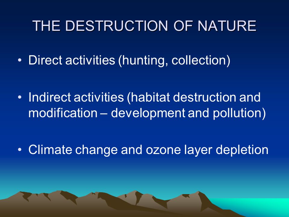 THE DESTRUCTION OF NATURE Direct activities (hunting, collection) Indirect activities (habitat destruction and modification – development and pollution) Climate change and ozone layer depletion