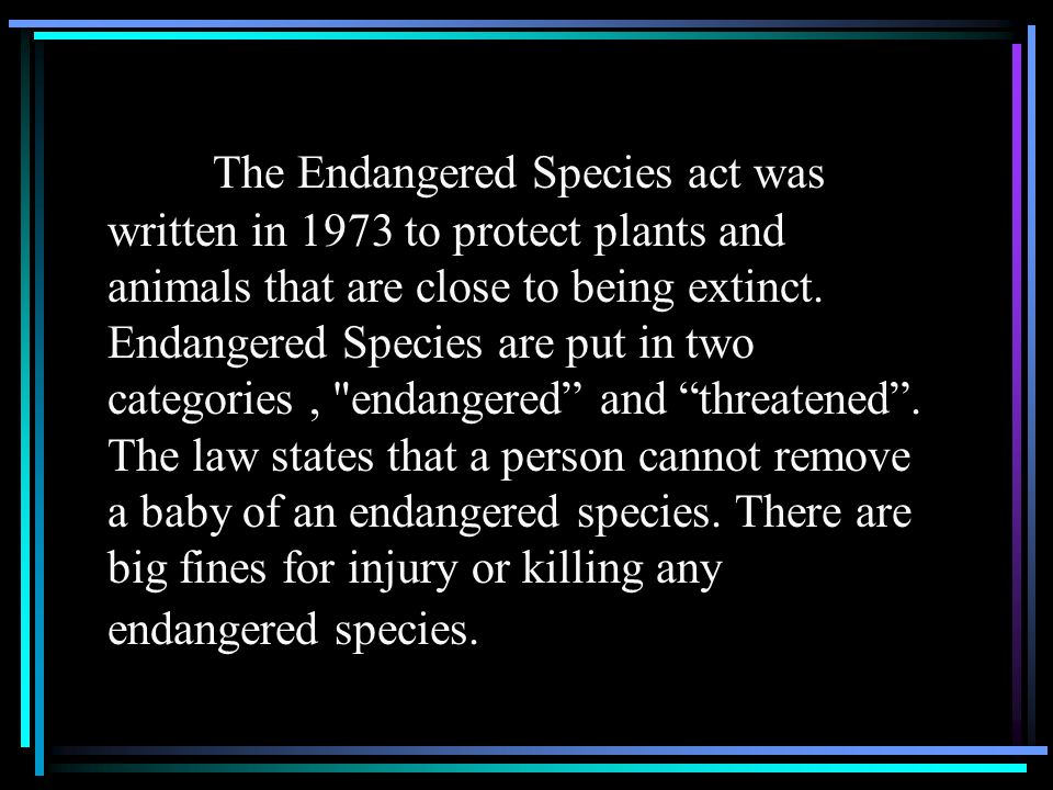 The Endangered Species act was written in 1973 to protect plants and animals that are close to being extinct.