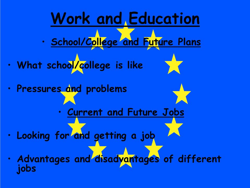 Work and Education School/College and Future Plans What school/college is like Pressures and problems Current and Future Jobs Looking for and getting a job Advantages and disadvantages of different jobs