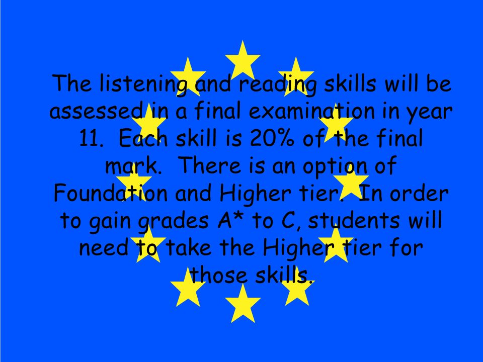 The listening and reading skills will be assessed in a final examination in year 11.