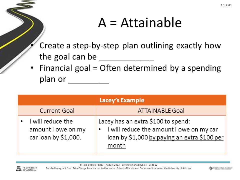 © Take Charge Today – August 2013 – Setting Financial Goals – Slide 12 Funded by a grant from Take Charge America, Inc.