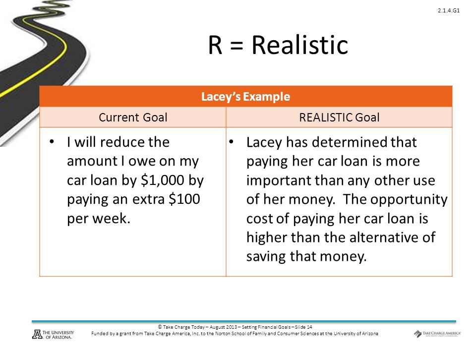 © Take Charge Today – August 2013 – Setting Financial Goals – Slide 14 Funded by a grant from Take Charge America, Inc.