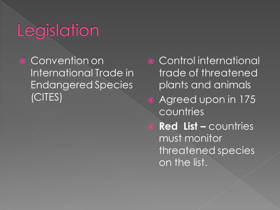  Convention on International Trade in Endangered Species (CITES)  Control international trade of threatened plants and animals  Agreed upon in 175 countries  Red List – countries must monitor threatened species on the list.
