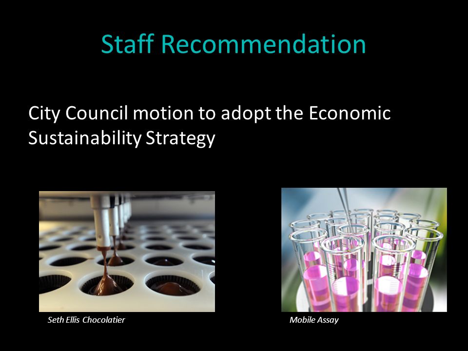 Staff Recommendation City Council motion to adopt the Economic Sustainability Strategy Seth Ellis ChocolatierMobile Assay